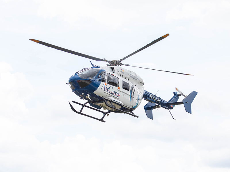 An AirCare helicopter is shown in flight in this 2021 photo.